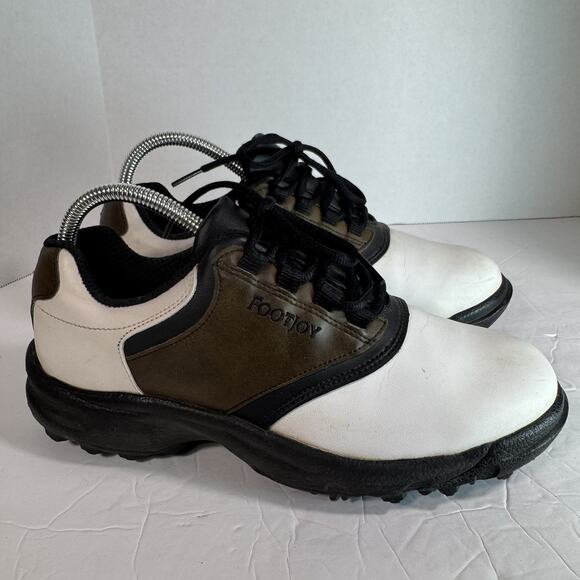FootJoy FJ GreenJoys Mens US 8 M White Brown Leather Soft Spike Golf Cleats B - Picture 1 of 8